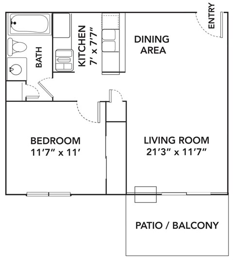 Floor plan for 1 bed, 1 bath, 572 sqft